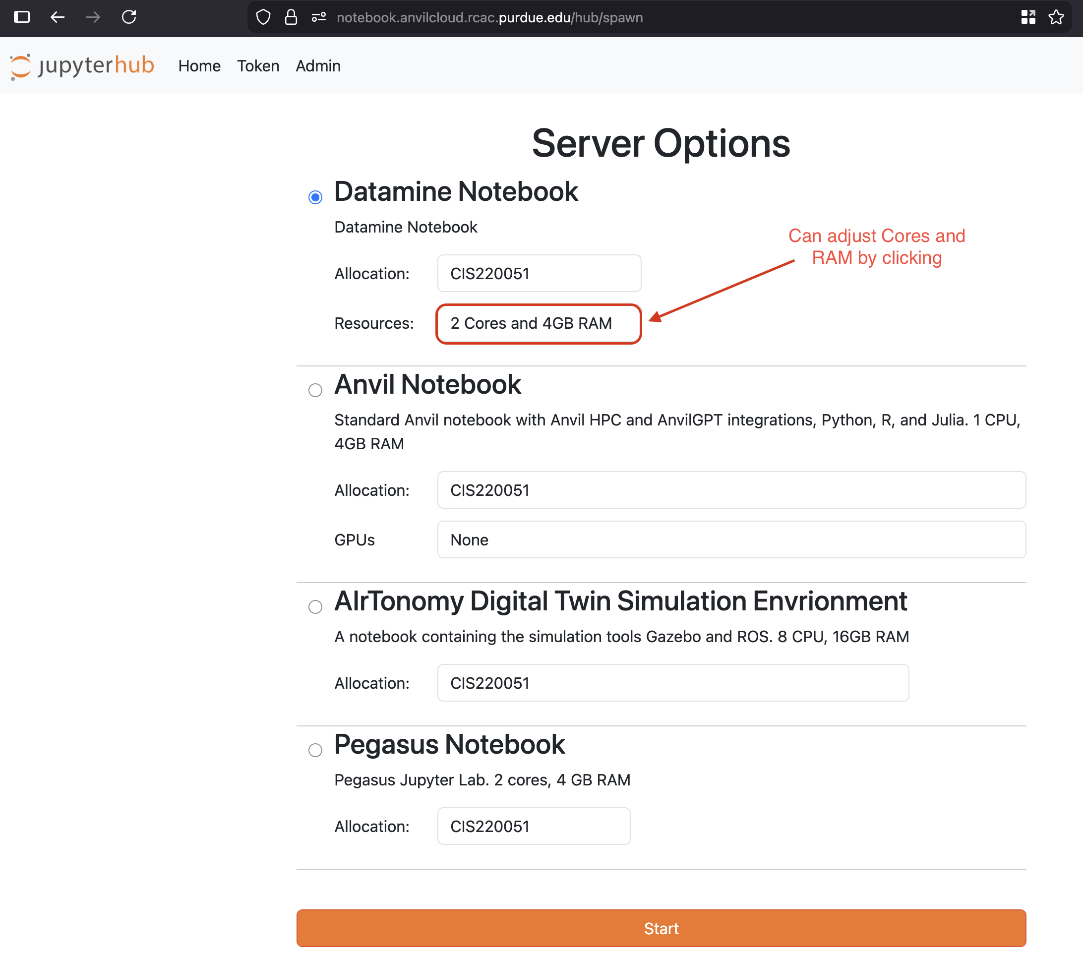 A screenshot of the Anvil server options page, with the 'Datamine Notebook' option selected.